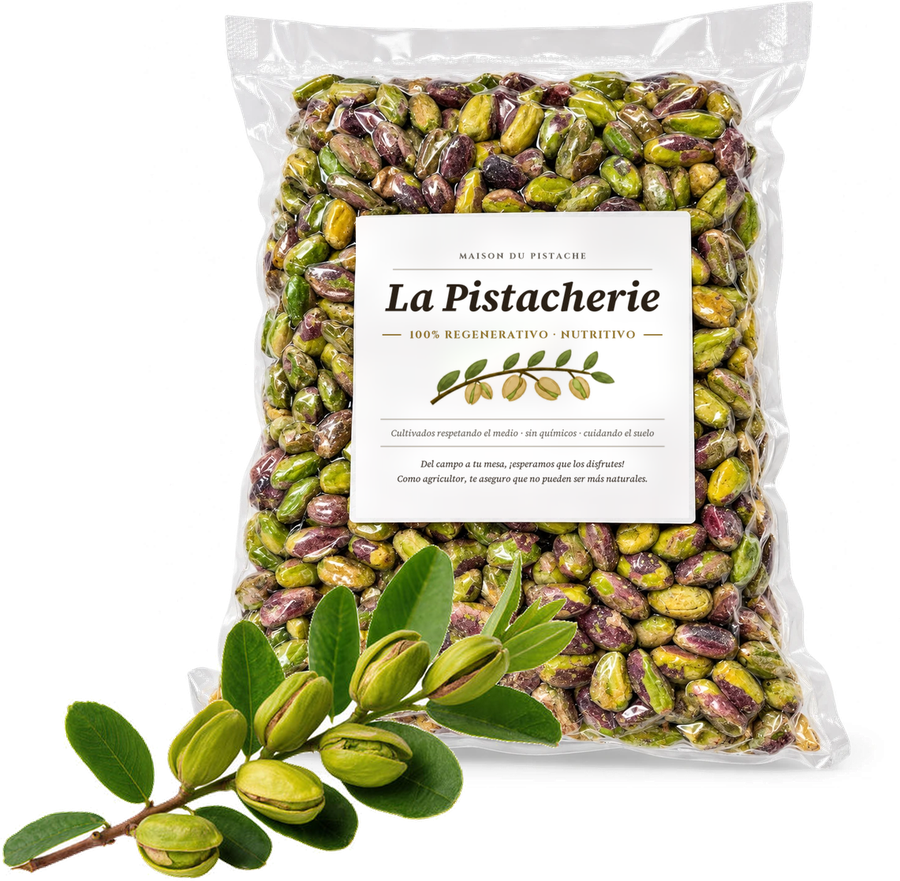 Bolsa de pistacho en grano tostado La Pistacherie, envasada al vacío, junto a una rama de pistachero